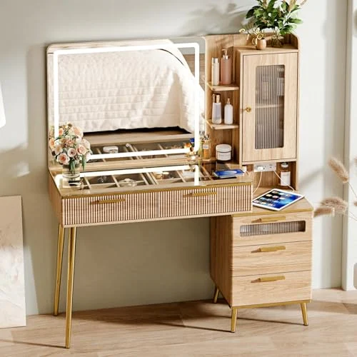 47-Inch Modern Vanity Desk with Lights and Charging Station unboxing