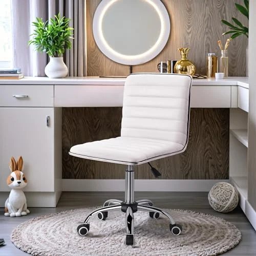 Armless Leather Vanity Chair with Adjustable Height and Wheels features