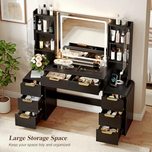 Black 55-Inch Makeup Vanity Desk with Mirror and USB Outlet detail
