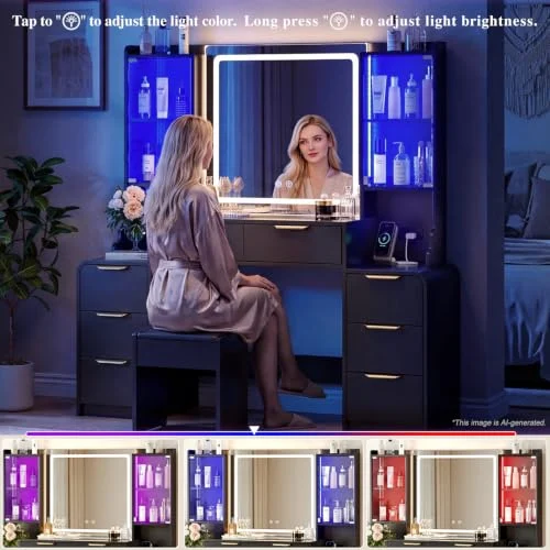 Black 55-Inch Makeup Vanity Desk with Mirror and USB Outlet features