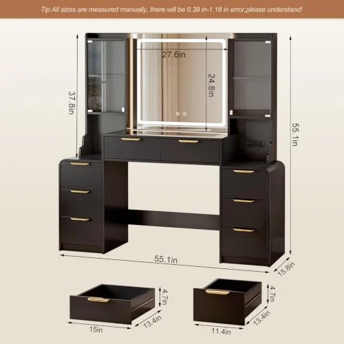 Black 55-Inch Makeup Vanity Desk with Mirror and USB Outlet showcase