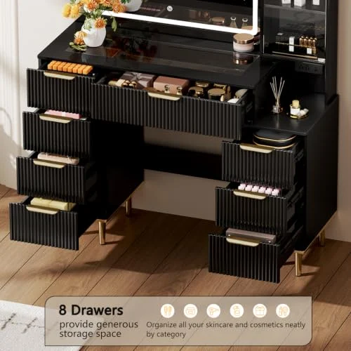 Black Makeup Vanity Table with Mirror and 8 Drawers for Storage detail