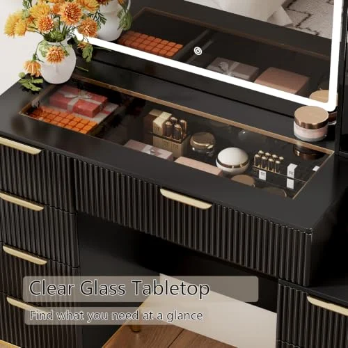 Black Makeup Vanity Table with Mirror and 8 Drawers for Storage showcase