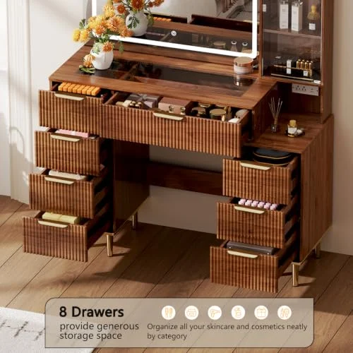 Brown Makeup Vanity Desk with Lighted Mirror and 5 Drawers detail