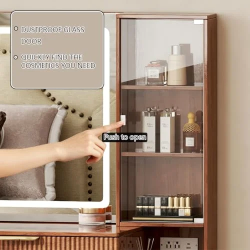 Brown Makeup Vanity Desk with Lighted Mirror and 5 Drawers features