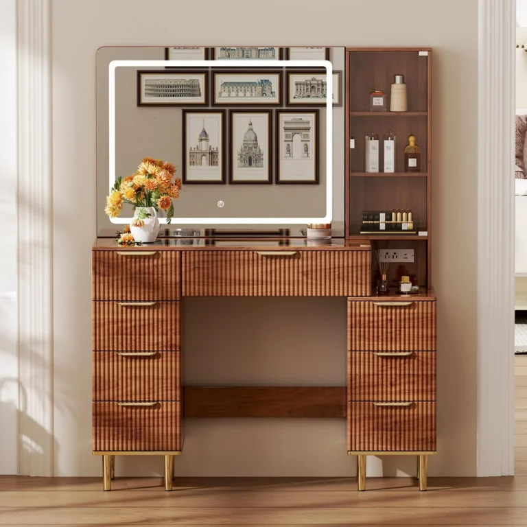 Brown Makeup Vanity Desk with Lighted Mirror and 5 Drawers review