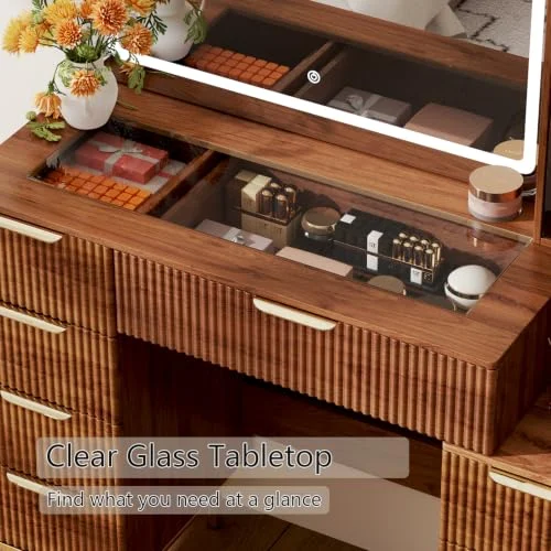Brown Makeup Vanity Desk with Lighted Mirror and 5 Drawers showcase