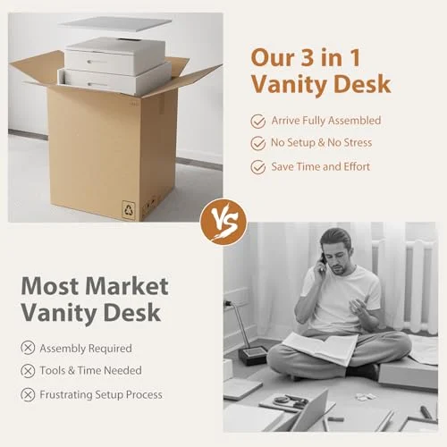 Compact Solid Wood Vanity Desk with Flip Top Mirror and Chair showcase