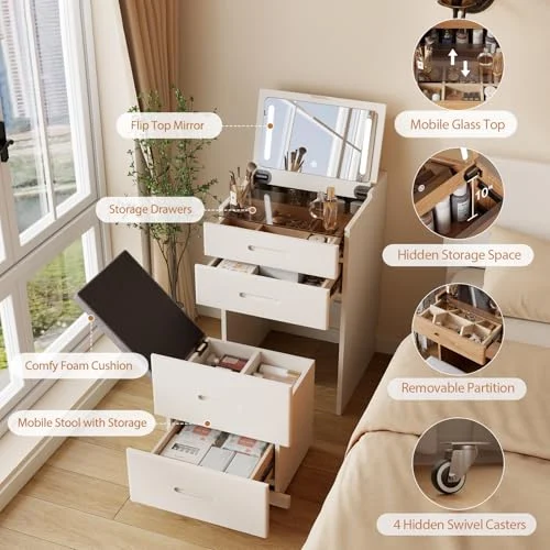Compact Solid Wood Vanity Desk with Flip Top Mirror and Chair unboxing