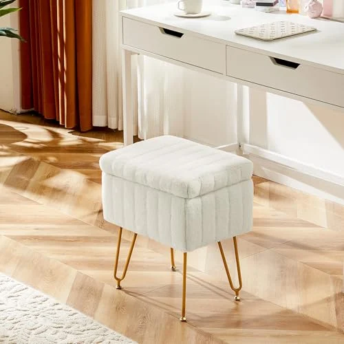Faux Fur Vanity Stool with Storage for Bedroom and Entryway detail