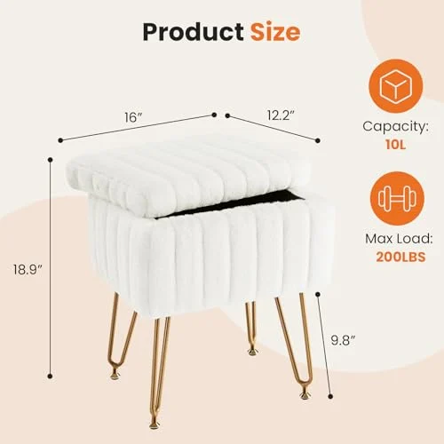 Faux Fur Vanity Stool with Storage for Bedroom and Entryway showcase