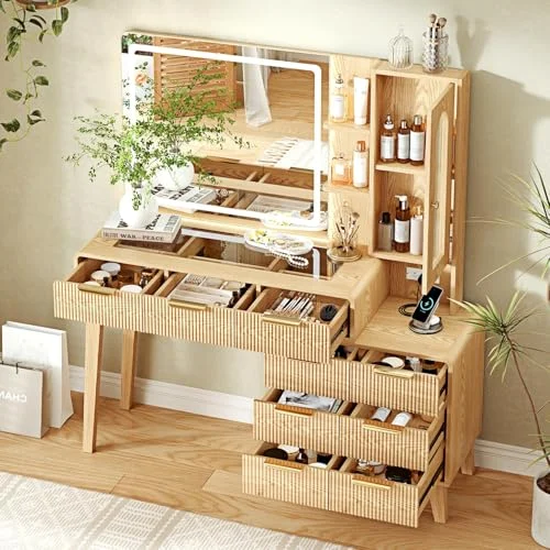 Glass Top Makeup Vanity with LED Mirror and Spacious Storage detail