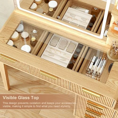 Glass Top Makeup Vanity with LED Mirror and Spacious Storage showcase