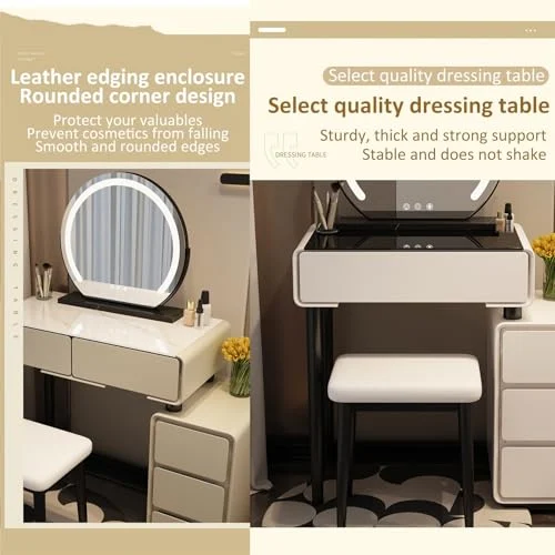 Khaki Gray Vanity with Touch Screen Mirror and Storage Cabinet showcase