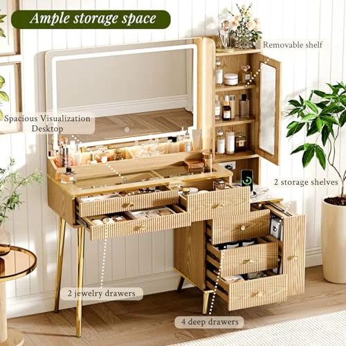 Large Oak Vanity Desk with Lighted Mirror and 7 Drawers detail