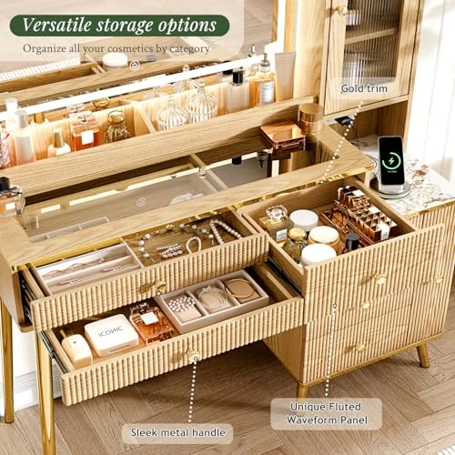 Large Oak Vanity Desk with Lighted Mirror and 7 Drawers features