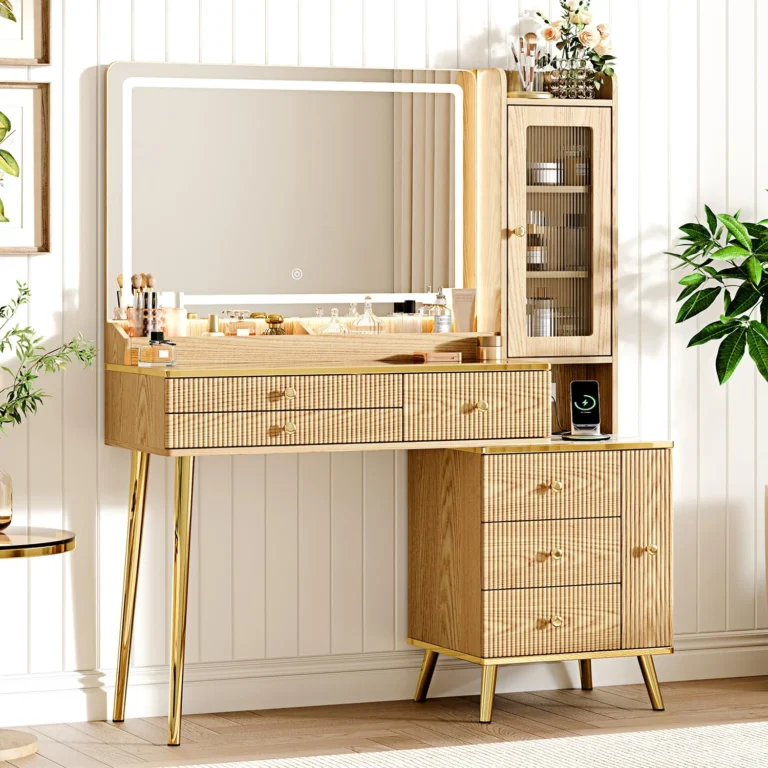 Large Oak Vanity Desk with Lighted Mirror and 7 Drawers review