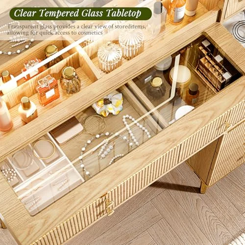 Large Oak Vanity Desk with Lighted Mirror and 7 Drawers showcase