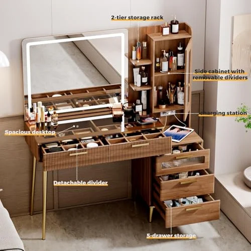 Modern Vanity Desk with Lighted Mirror and Charging Station detail
