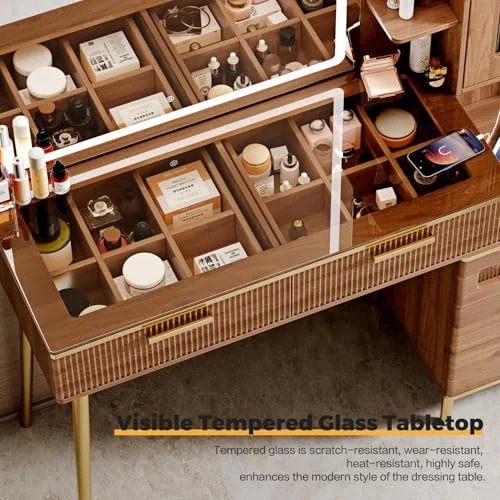 Modern Vanity Desk with Lighted Mirror and Charging Station features