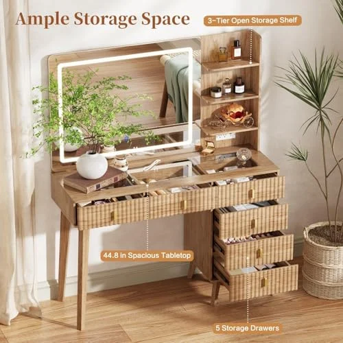 Oak Large Makeup Vanity Desk with Lights and Ample Storage detail