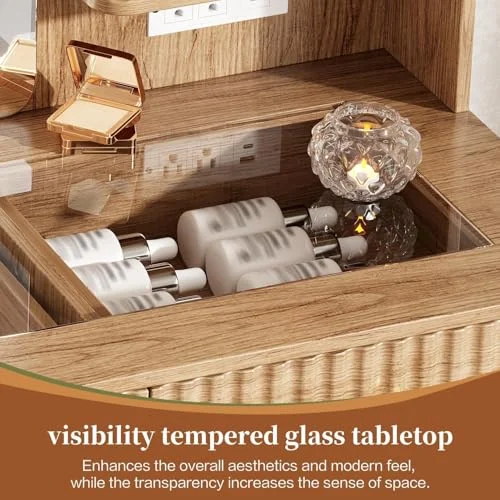Oak Large Makeup Vanity Desk with Lights and Ample Storage features
