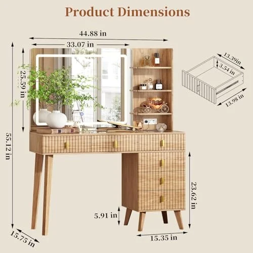 Oak Large Makeup Vanity Desk with Lights and Ample Storage unboxing