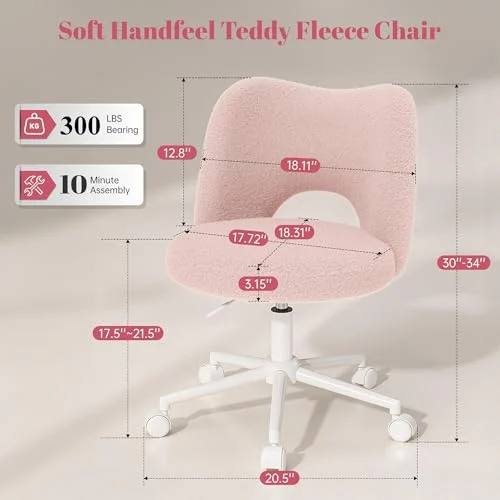 Pink Teddy Fabric Vanity Chair with Height Adjustable Wheels detail