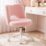 Pink Teddy Fabric Vanity Chair with Height Adjustable Wheels