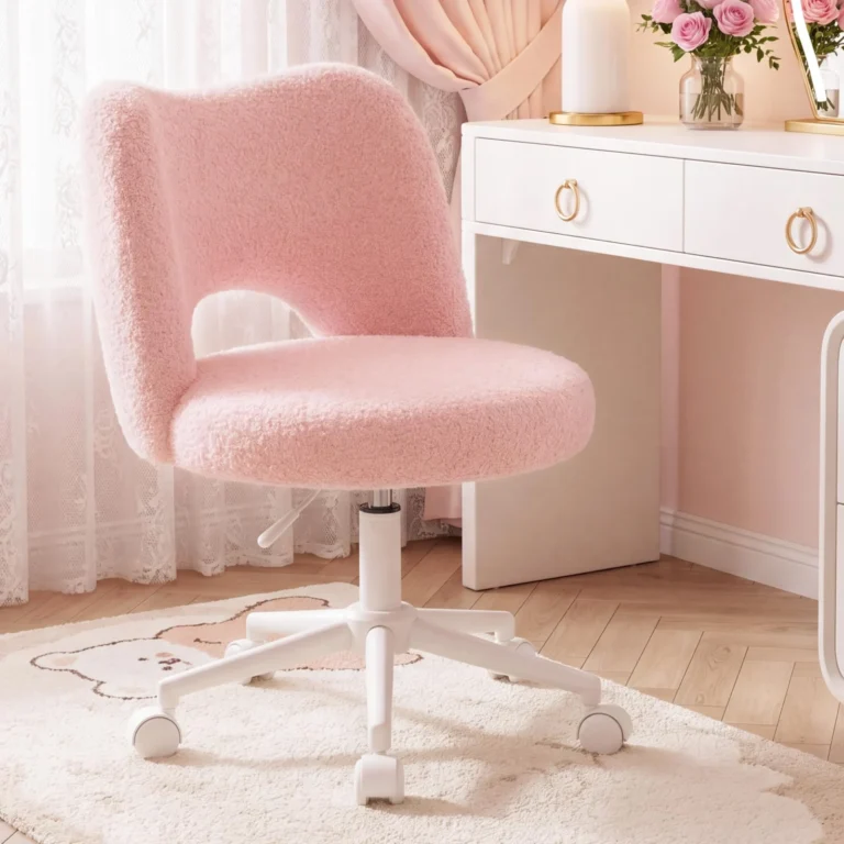 Pink Teddy Fabric Vanity Chair with Height Adjustable Wheels review