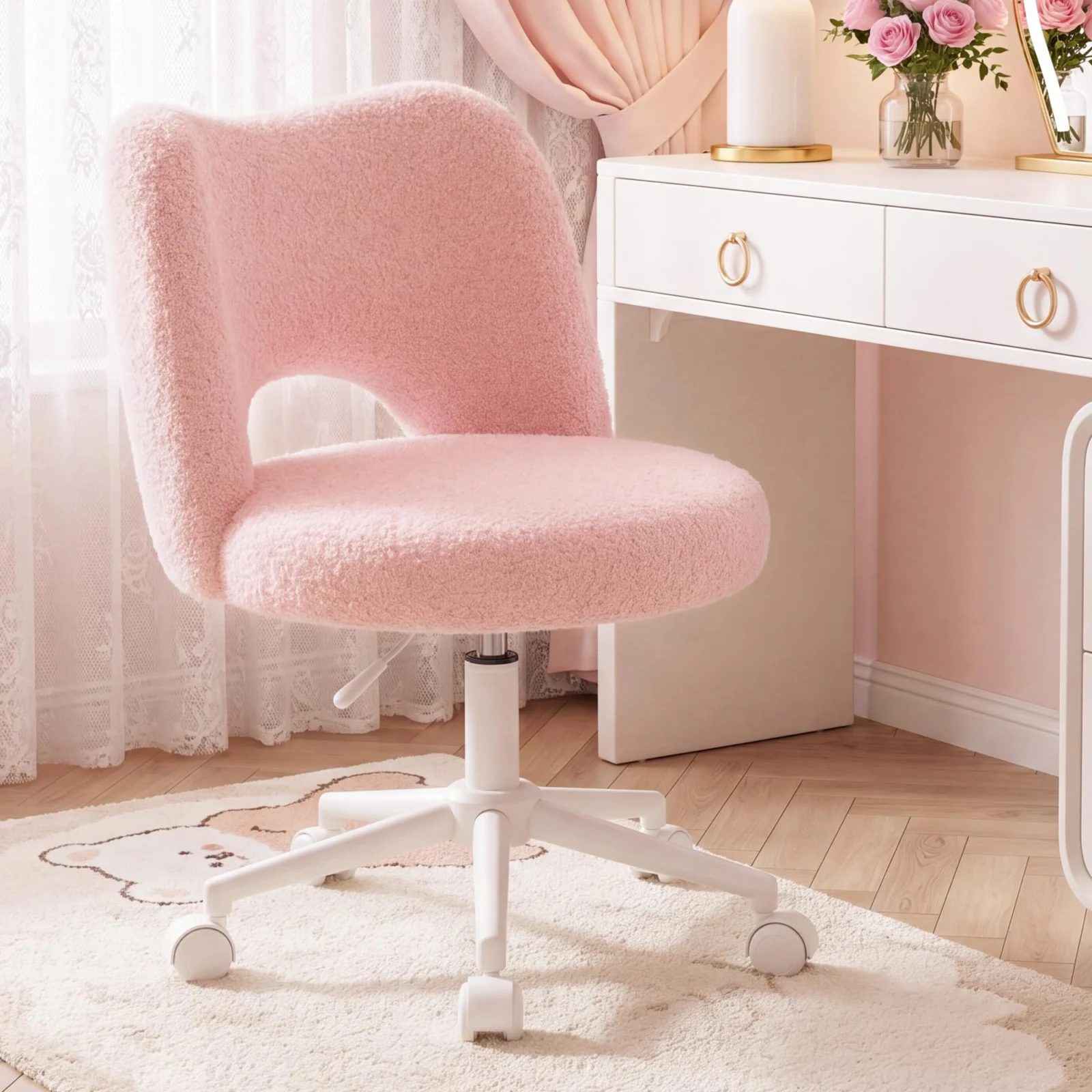 Pink Teddy Fabric Vanity Chair with Height Adjustable Wheels review
