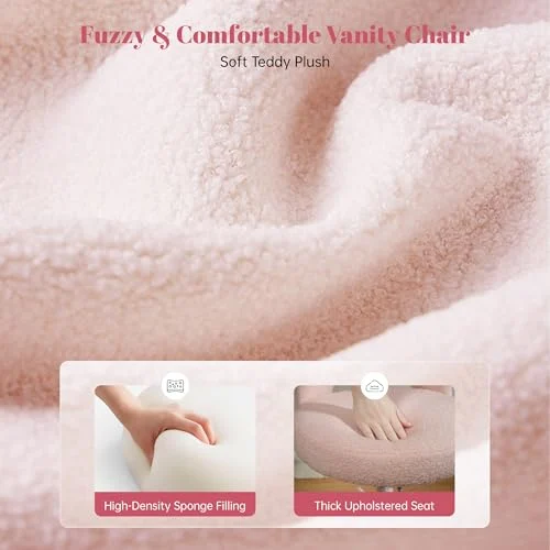 Pink Teddy Fabric Vanity Chair with Height Adjustable Wheels showcase