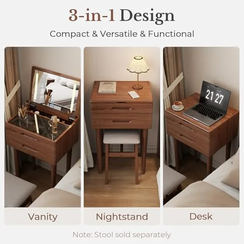 Small Walnut Vanity Desk with Flip Top Mirror for Compact Spaces showcase