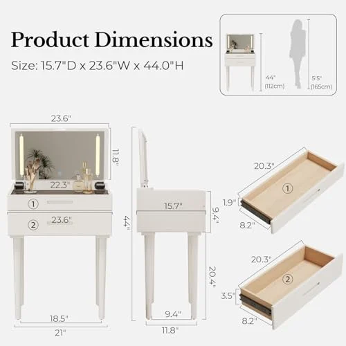Small White Vanity Desk with Mirror and Adjustable Brightness detail