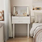 Small White Vanity Desk with Mirror and Adjustable Brightness