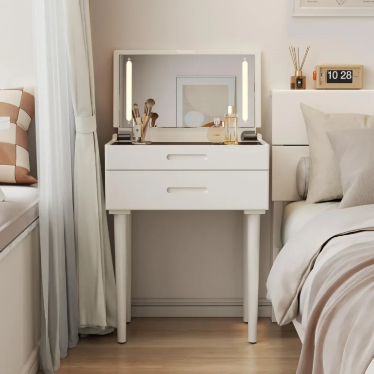 Small White Vanity Desk with Mirror and Adjustable Brightness review