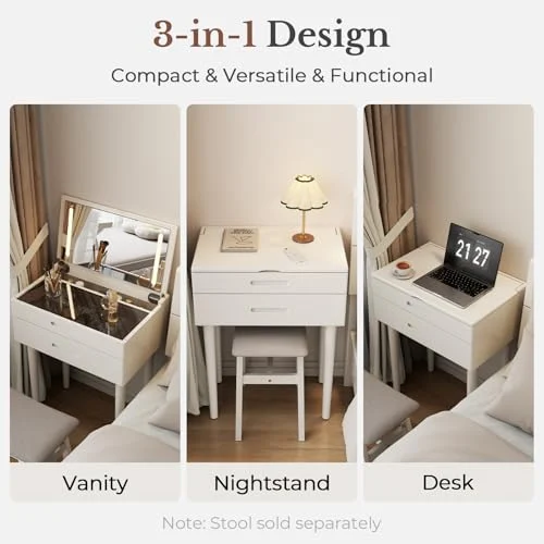 Small White Vanity Desk with Mirror and Adjustable Brightness showcase