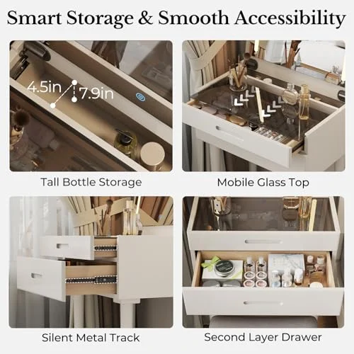 Small White Vanity Desk with Mirror and Adjustable Brightness unboxing