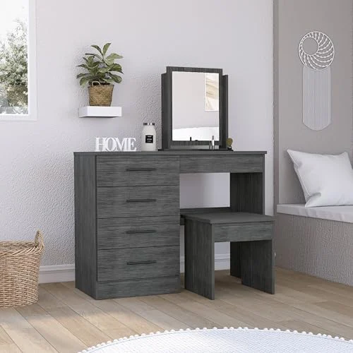 Smokey Oak Makeup Vanity with Stool and 4 Drawer Storage detail