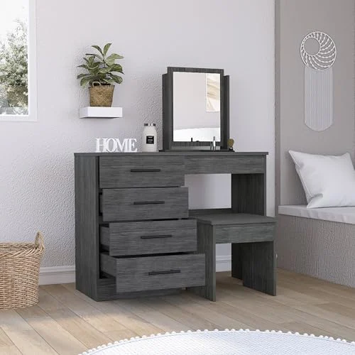 Smokey Oak Makeup Vanity with Stool and 4 Drawer Storage features