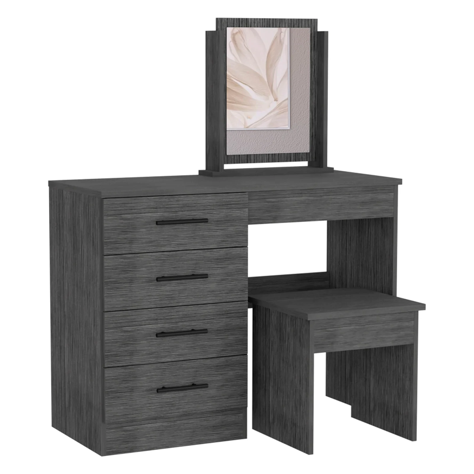 Smokey Oak Makeup Vanity with Stool and 4 Drawer Storage review