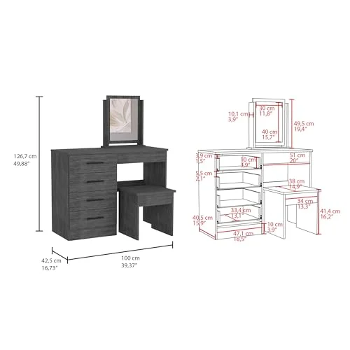 Smokey Oak Makeup Vanity with Stool and 4 Drawer Storage showcase