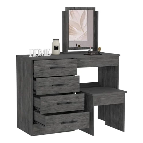 Smokey Oak Makeup Vanity with Stool and 4 Drawer Storage unboxing