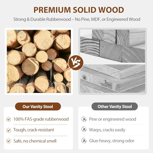 Solid Wood Vanity Stool with High Rebound Cushion for Easy Assembly features