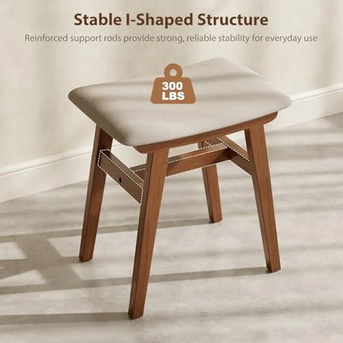 Solid Wood Vanity Stool with High Rebound Cushion for Easy Assembly unboxing