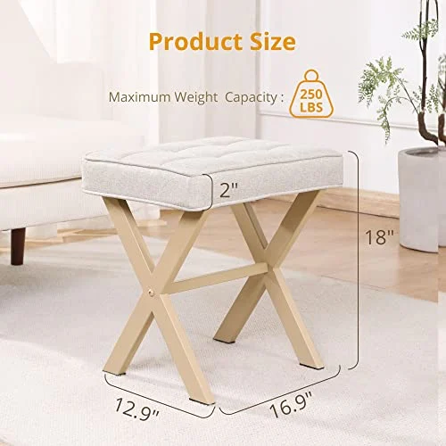 Square Linen Makeup Stool with Metal Legs for Modern Vanity detail
