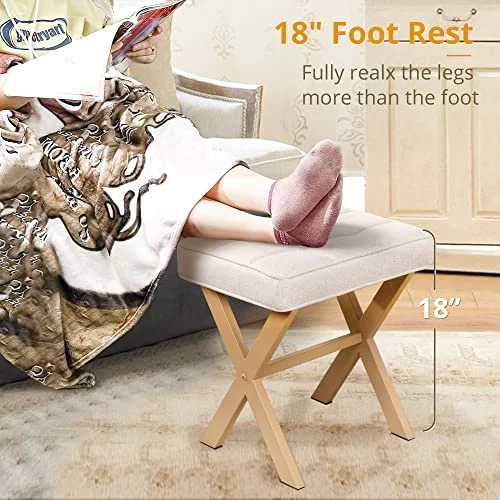 Square Linen Makeup Stool with Metal Legs for Modern Vanity features