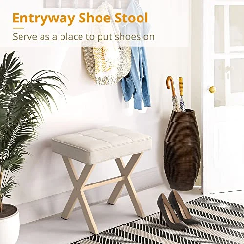 Square Linen Makeup Stool with Metal Legs for Modern Vanity results