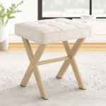 Square Linen Makeup Stool with Metal Legs for Modern Vanity