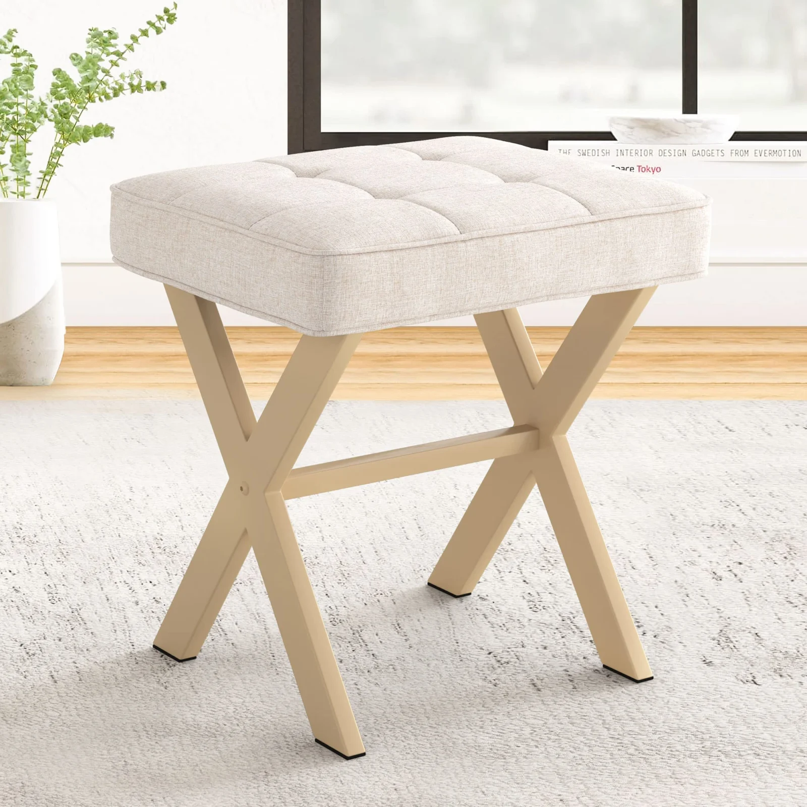 Square Linen Makeup Stool with Metal Legs for Modern Vanity review